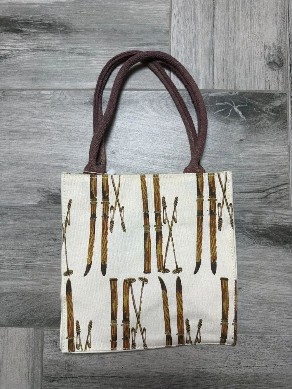 Cream Canvas Tote with Vintage Brown Ski Print and Brown Rope Handles